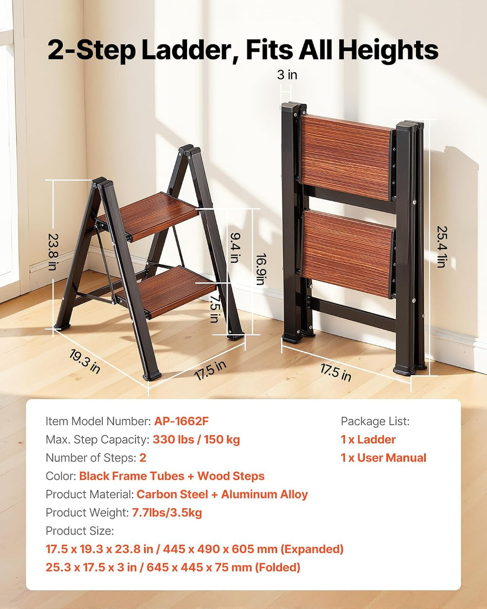 VEVOR 2 Step Ladder, Folding Step Stool with Wide Anti-Slip Pedal and Comfort...