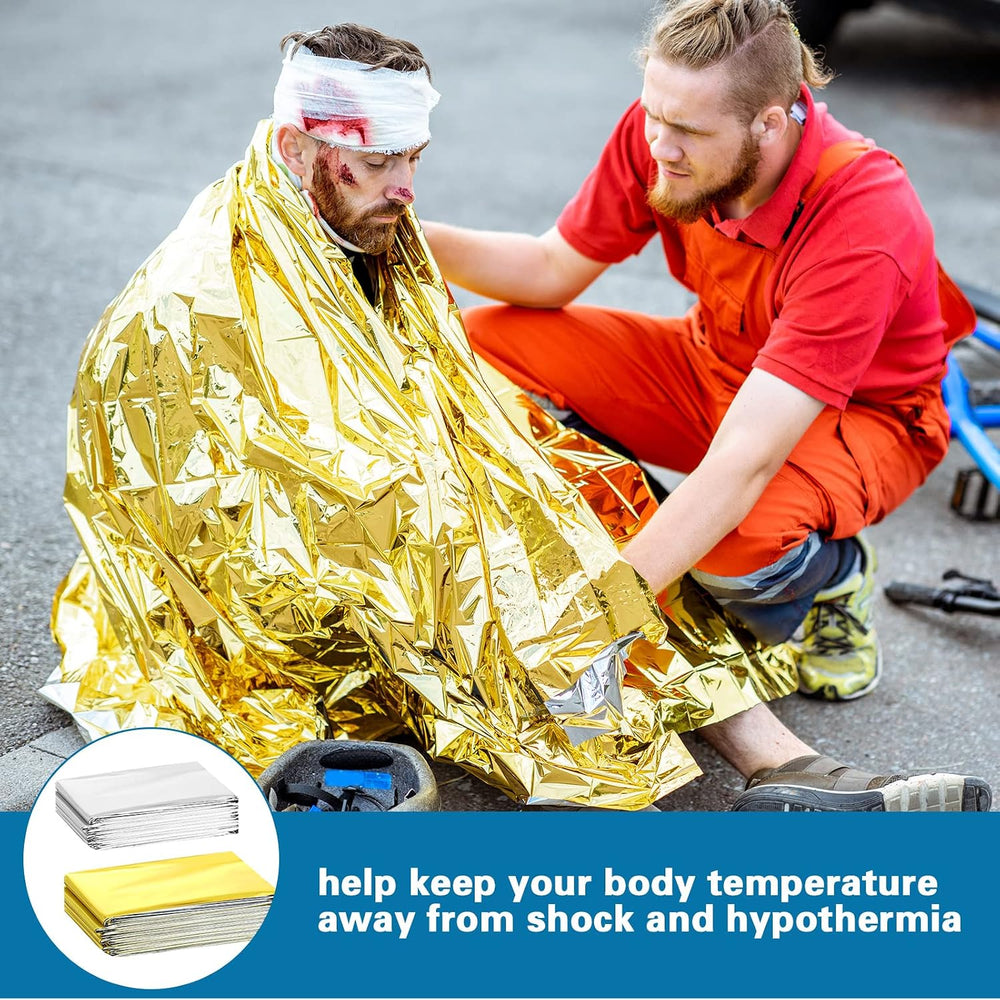 Macarrie 50 Pack Emergency Thermal Blankets Bulk, 51x82 in, Silver and Gold