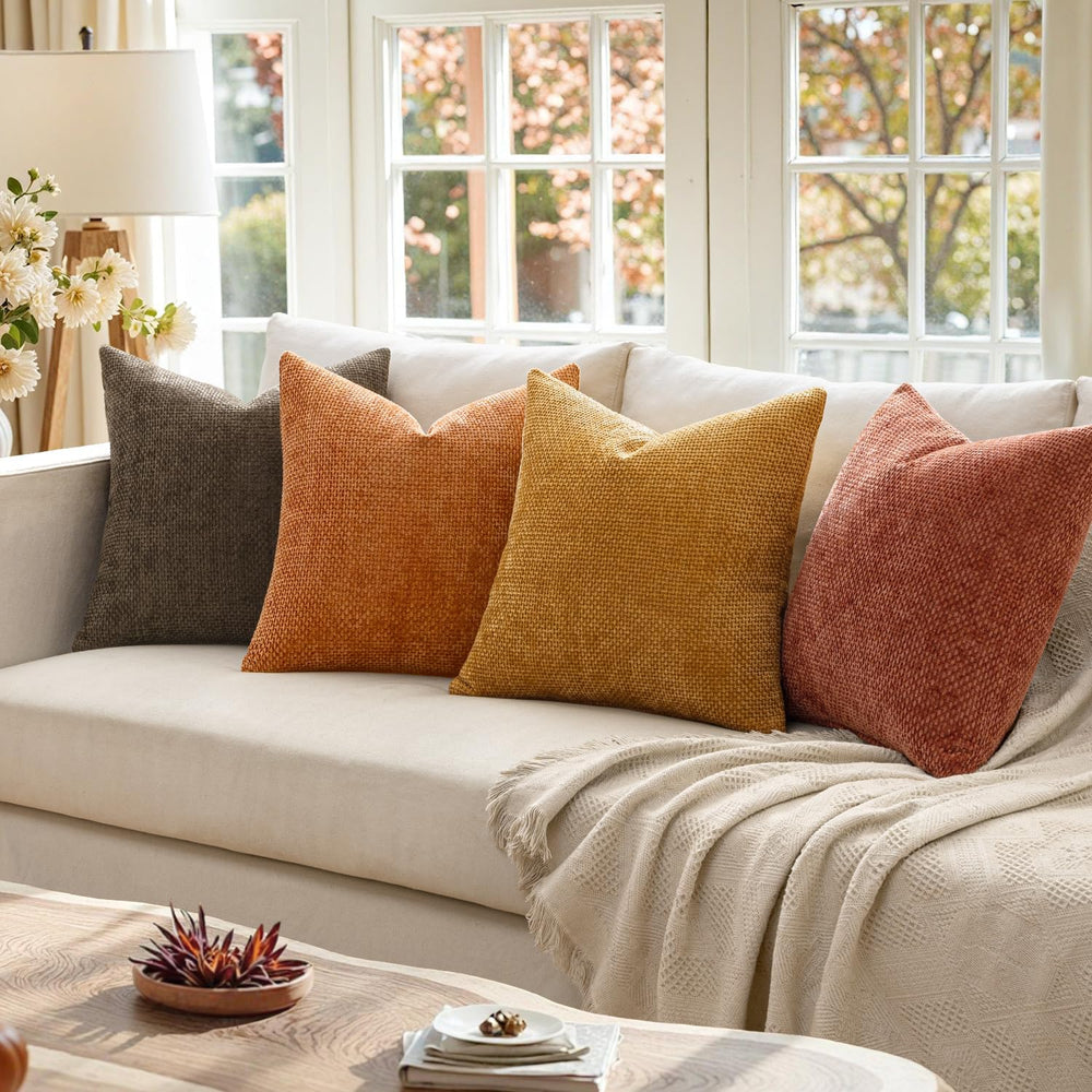 MIULEE Decorative Chenille Fall Pillow Covers Orange Brown 20x20 Pack of 4