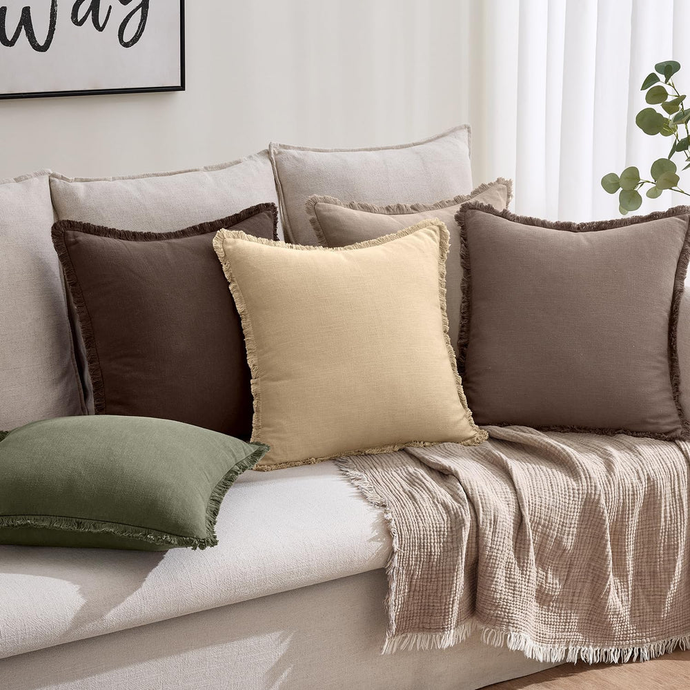 ANRODUO Decorative Linen Fringe Pillow Covers 20×20 Inch Mocha Brown 2 Pack