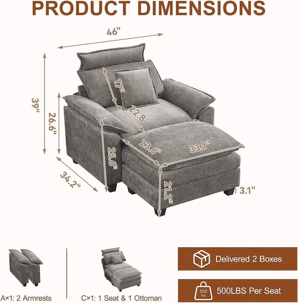 46'' Oversized Chaise Lounge with Ottoman, Cloud Deep Seat Accent Sof...