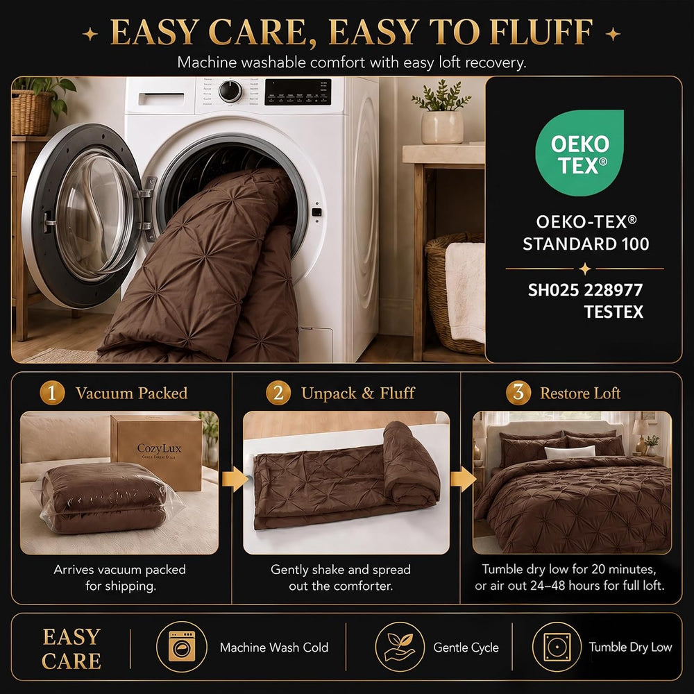 CozyLux Queen Comforter Set Brown, 7 Pieces Pintuck Bed in a Bag