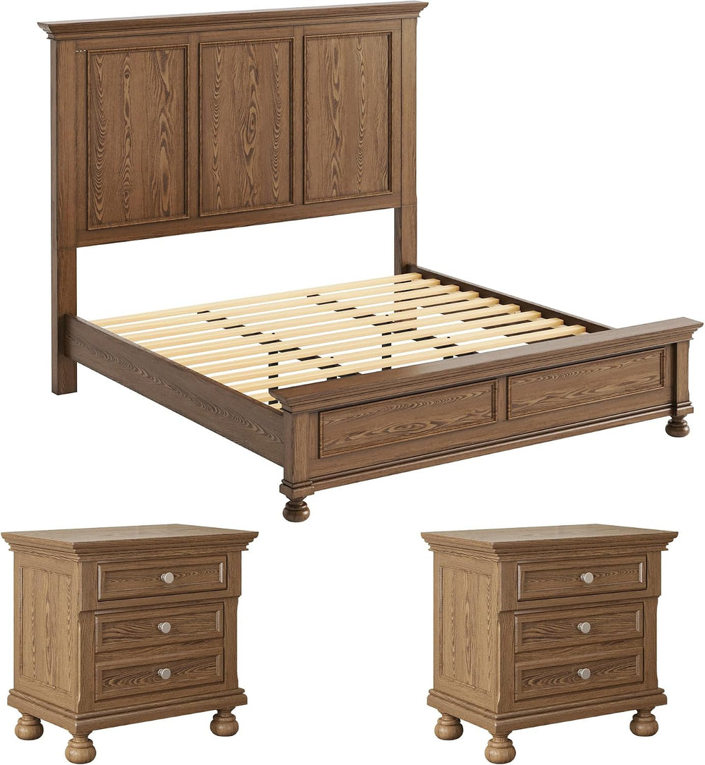 AMERLIFE Solid Wood 3-Piece Set, King Bed & 2 Nightstands, Light Brown
