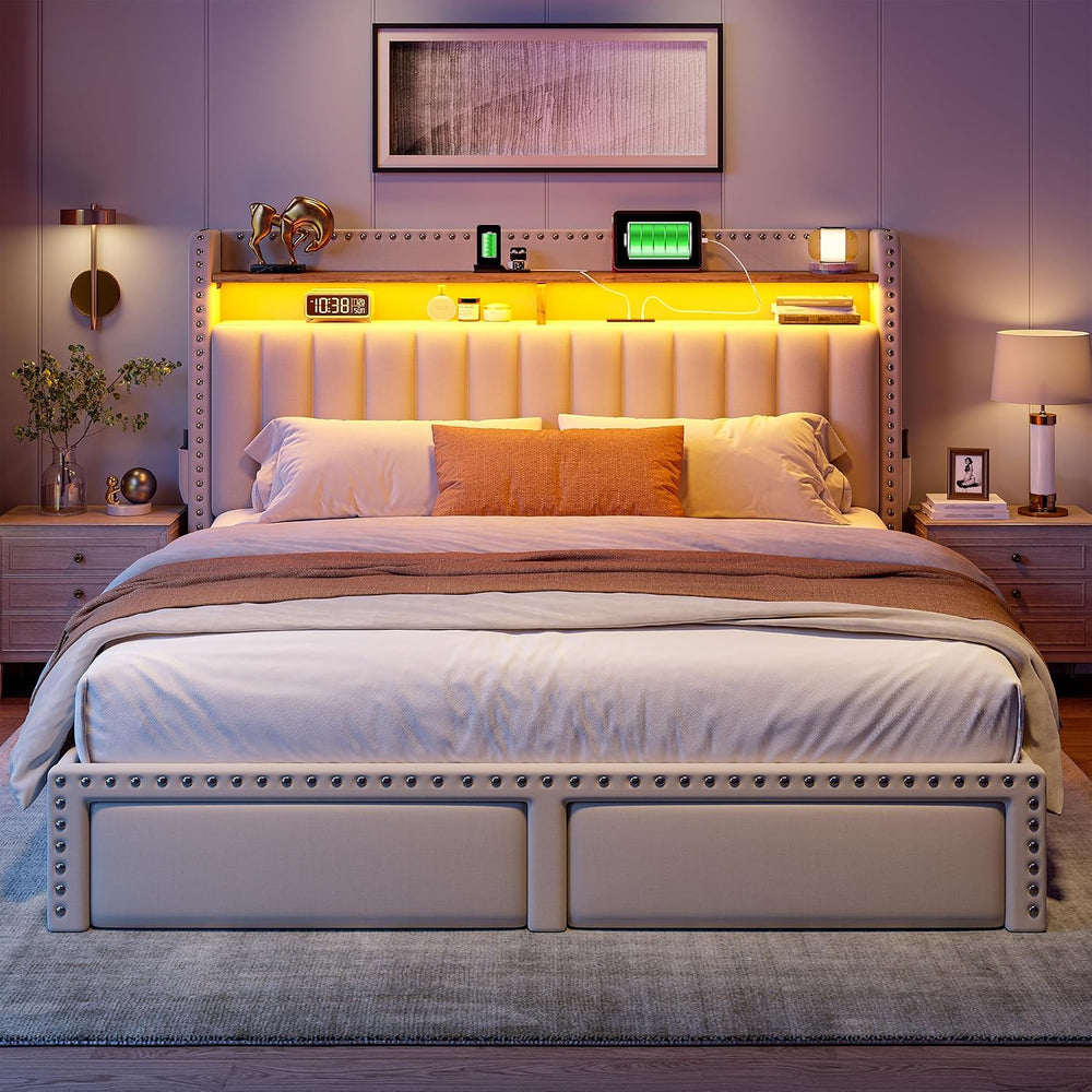 EnHomee Queen Size Bed Frame with 2 Drawers, LED & Charging Station, Beige