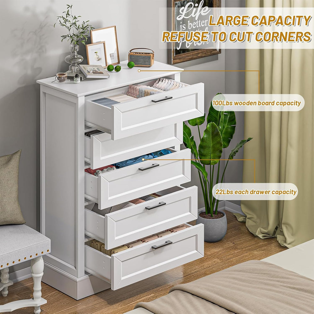 ZLWJGY White Dresser for Bedroom, Wood Dresser with 5 Drawers, Chest of Drawe...