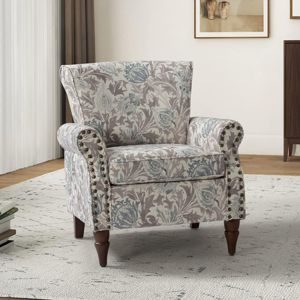 HULALA HOME Traditional Floral Accent Chair with Solid Wood Legs, Grey