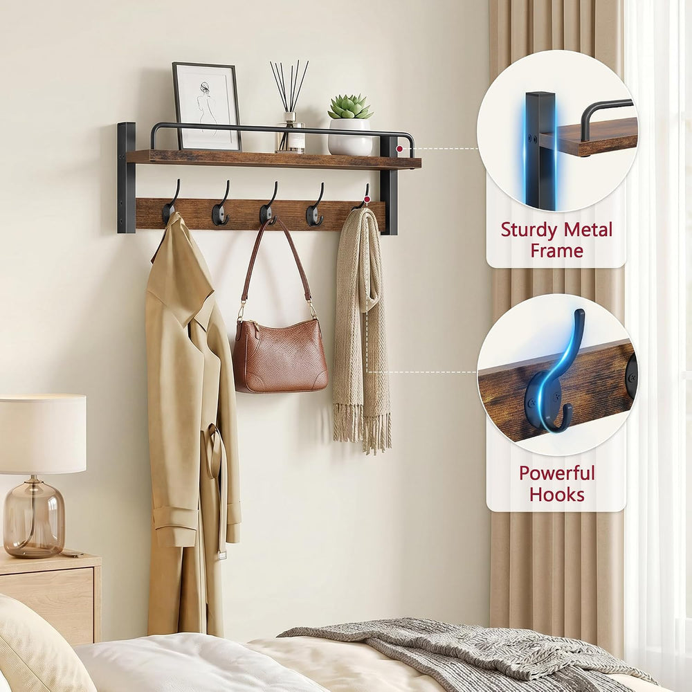 Tajsoon 32.6"(16.3"*2) Wall Hooks with Shelf and Guardrail, Rustic ...
