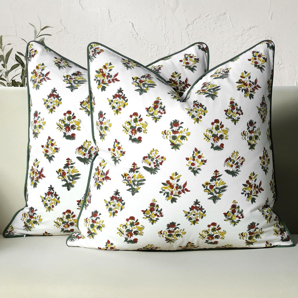 CPC Fall Green Block Print Throw Pillow Covers 24x24 Inch, Pack of 2
