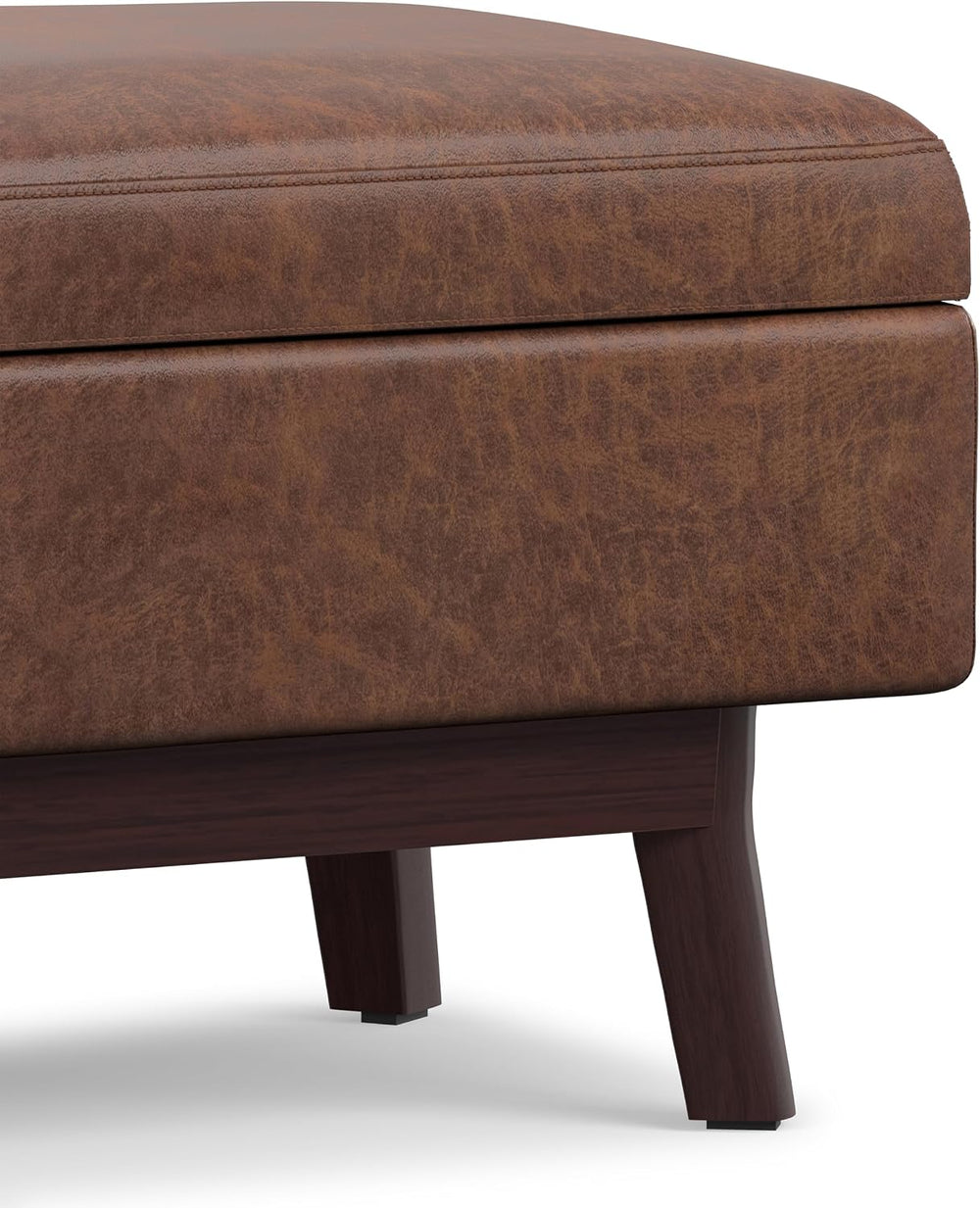 SIMPLIHOME Owen 48" Wide Vegan Leather Lift Top Ottoman in Saddle Brown