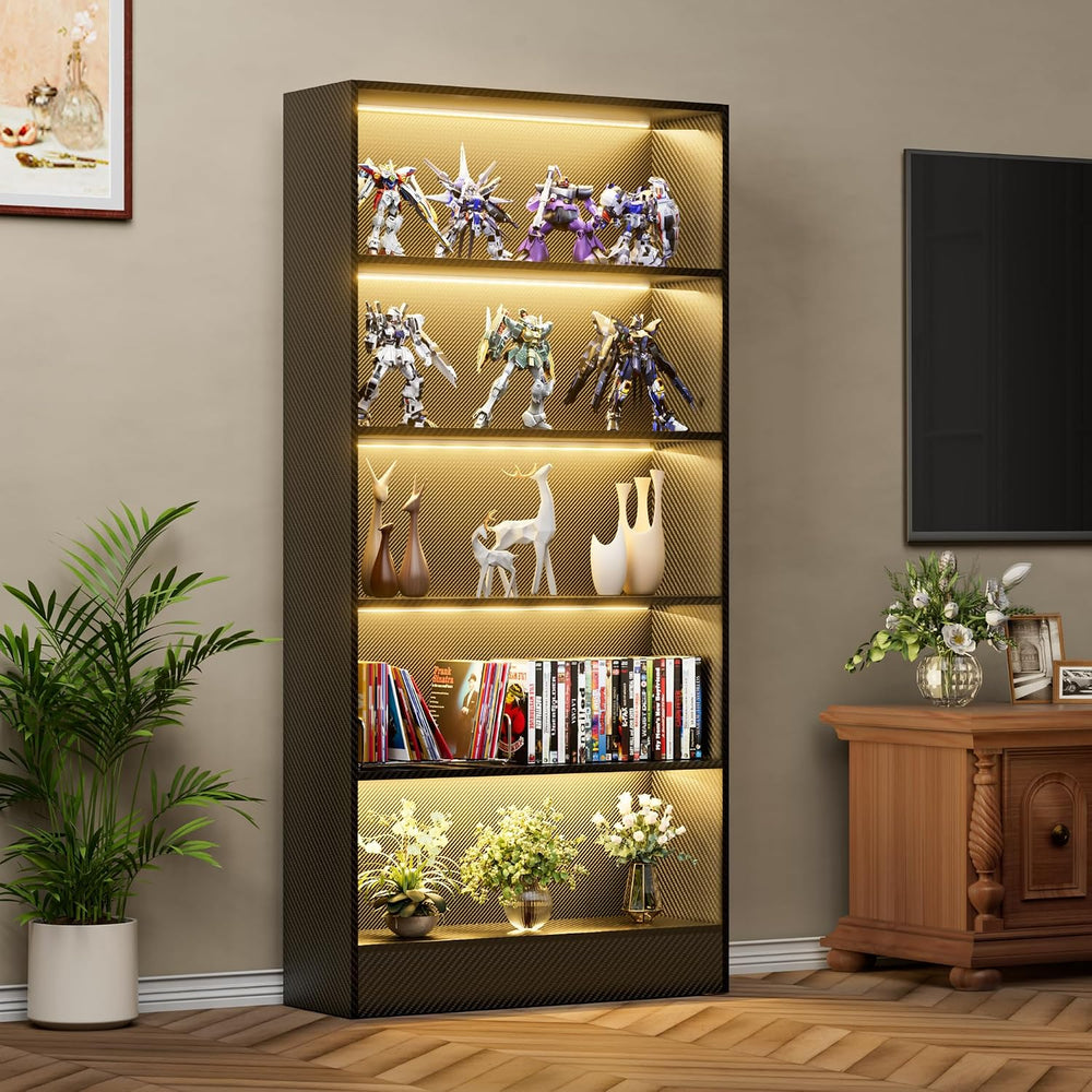 CODACE Tall Wooden 5-Tier Black Bookshelf - Display Cabinet with LED Lights