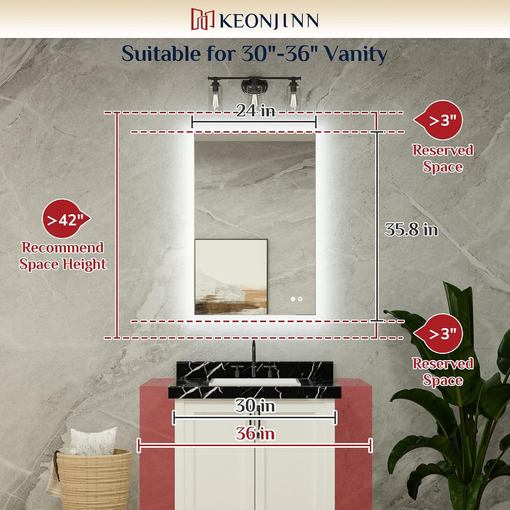 Keonjinn 24" x 36" LED Mirror for Bathroom, Backlit Mirror 6000K Da...