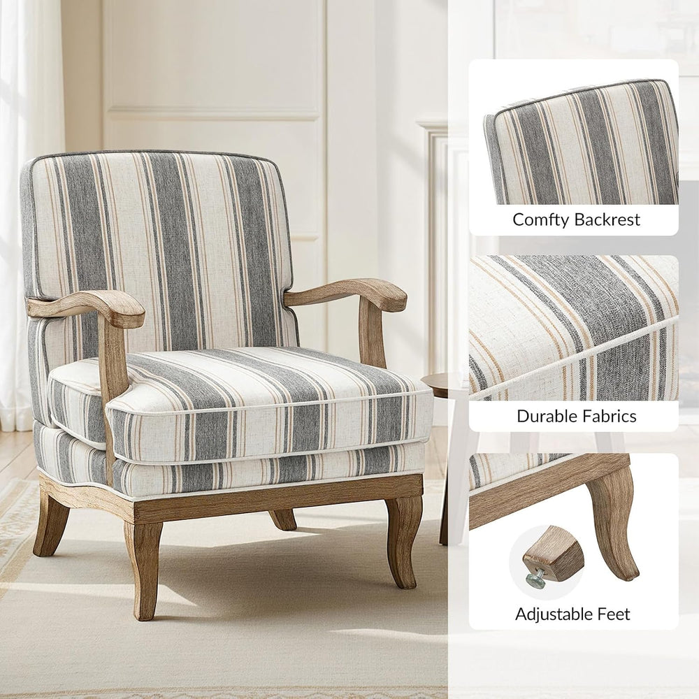 HULALA HOME Farmhouse Striped Accent Chair with Solid Wood Legs, Dark Grey