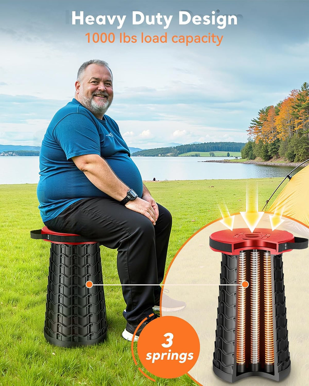 Height Adjustable Camping Stool - Wide Seat Portable Folding Chair (RED)
