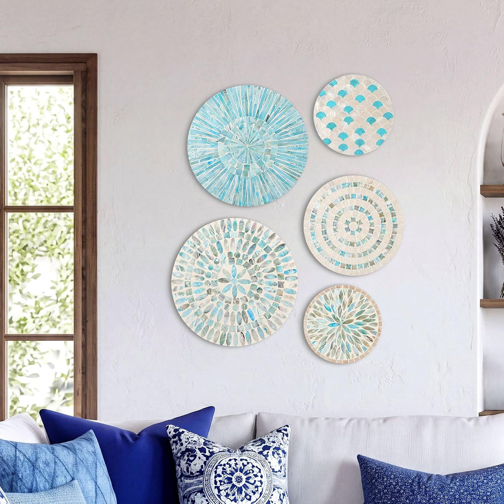 Tioncy 7 Pcs Assorted Blue Mother of Pearl Shell Plate Coastal Wall Art