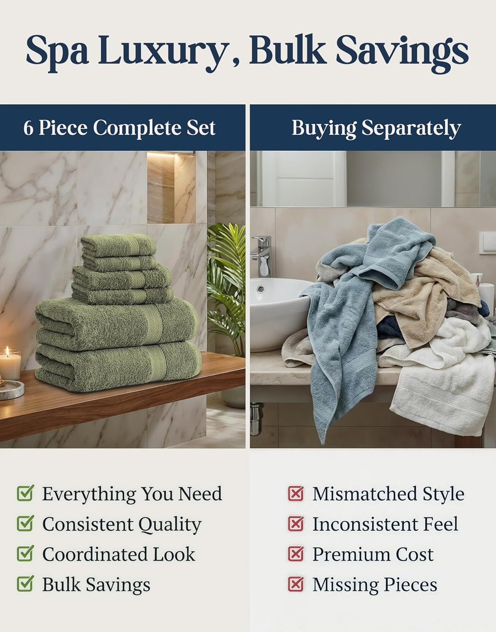 LANE LINEN Bath Towel Set 100% Cotton 6 Piece Soft Absorbent - Oil Green