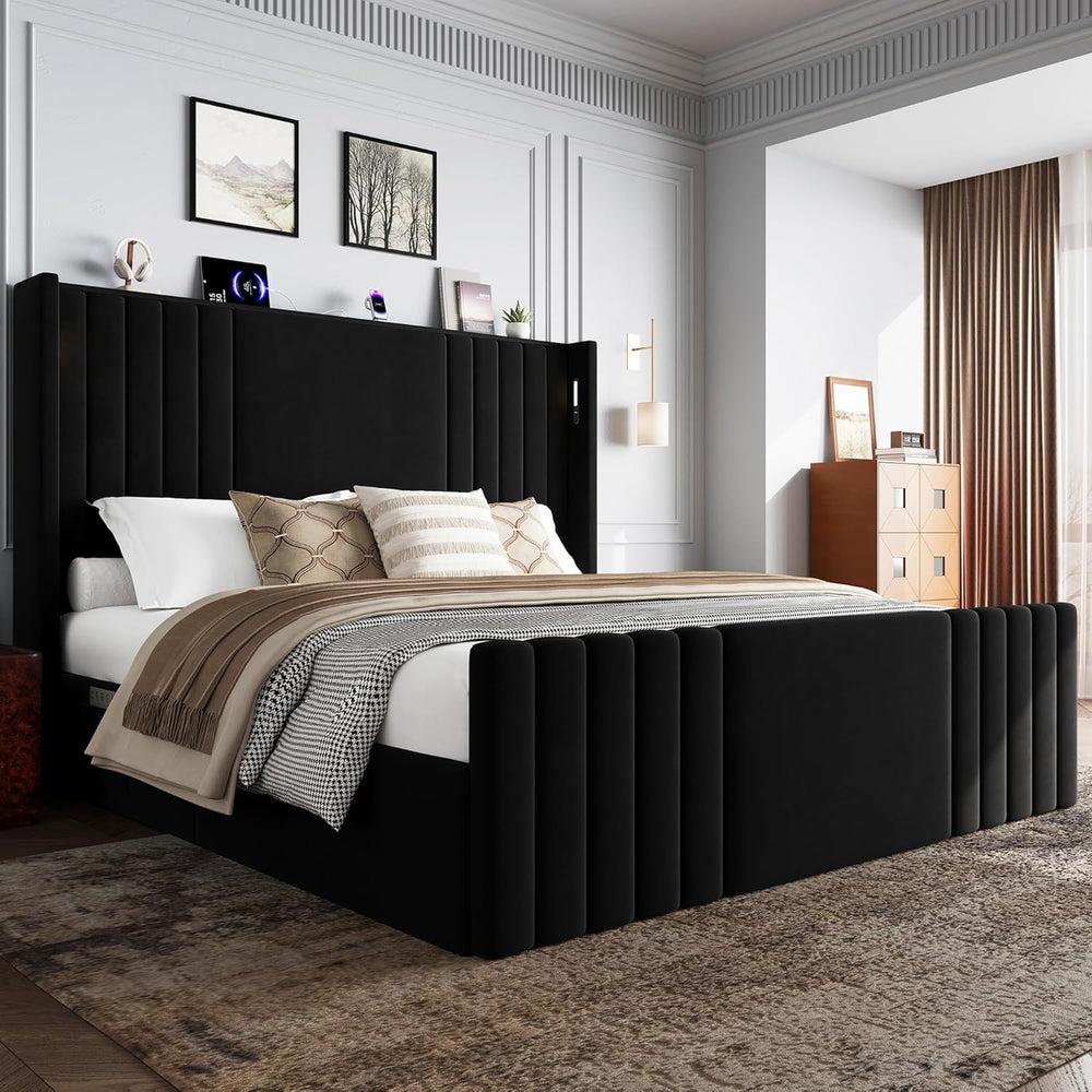 55" Tall Queen Size Platform Bed Frame with 2 Reading Lights, Black