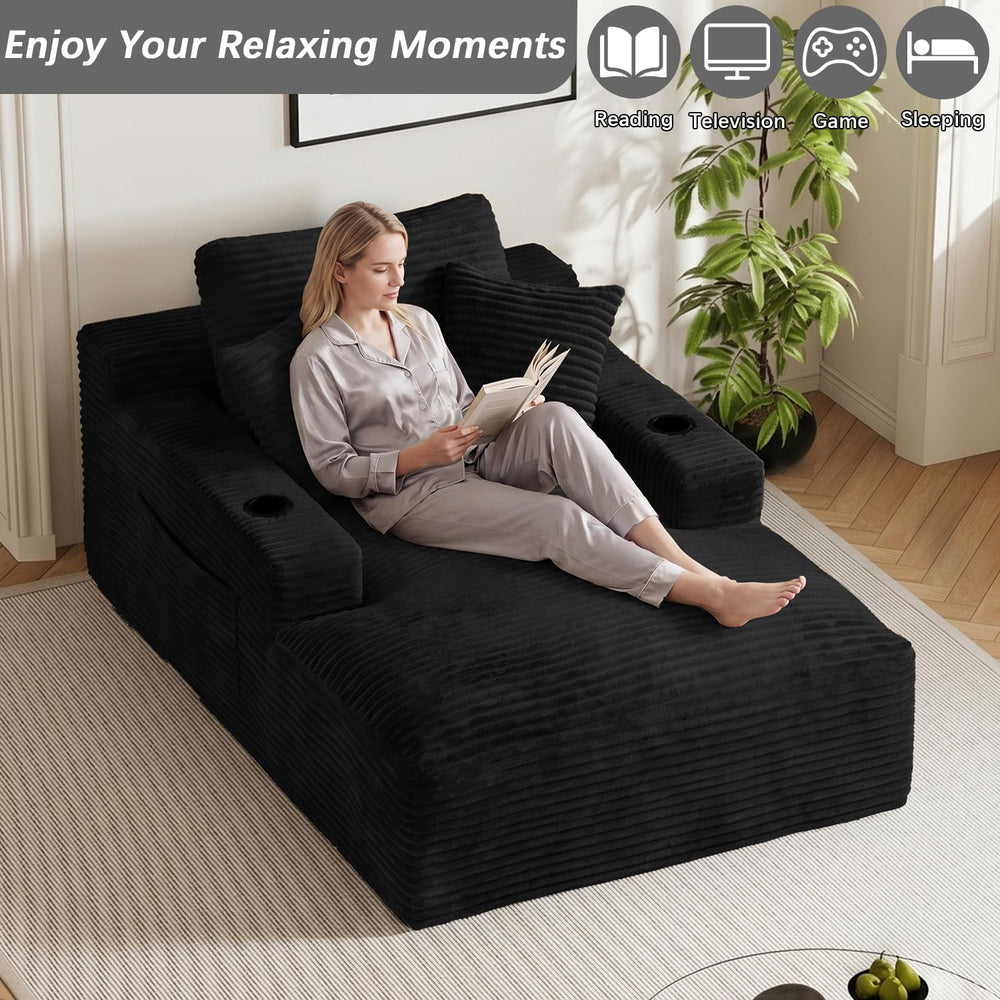 50" x 76" Corduroy Chaise Lounge Sofa Bed with Cup Holders, Black