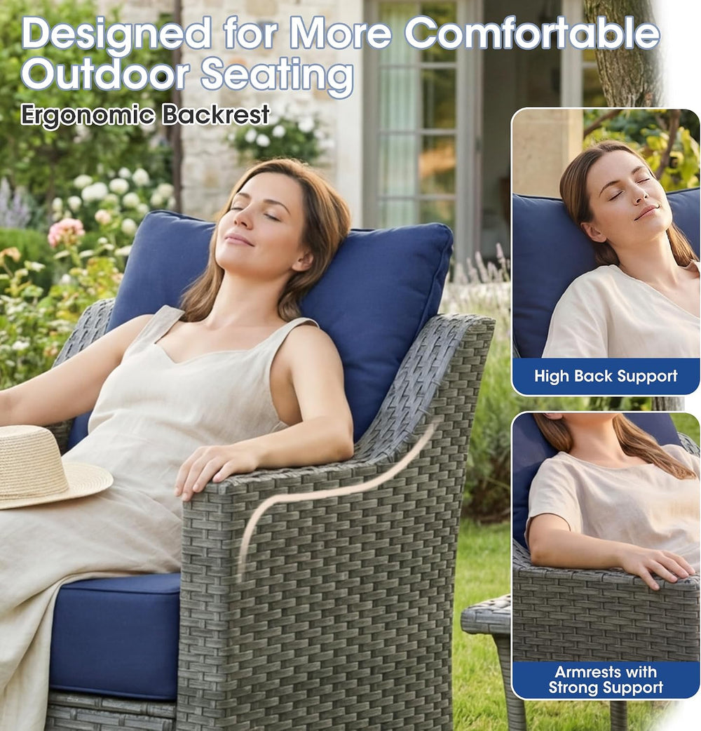 3 Piece Patio Furniture Set, Grey Wicker Outdoor Conversation Set with 2 Swiv...