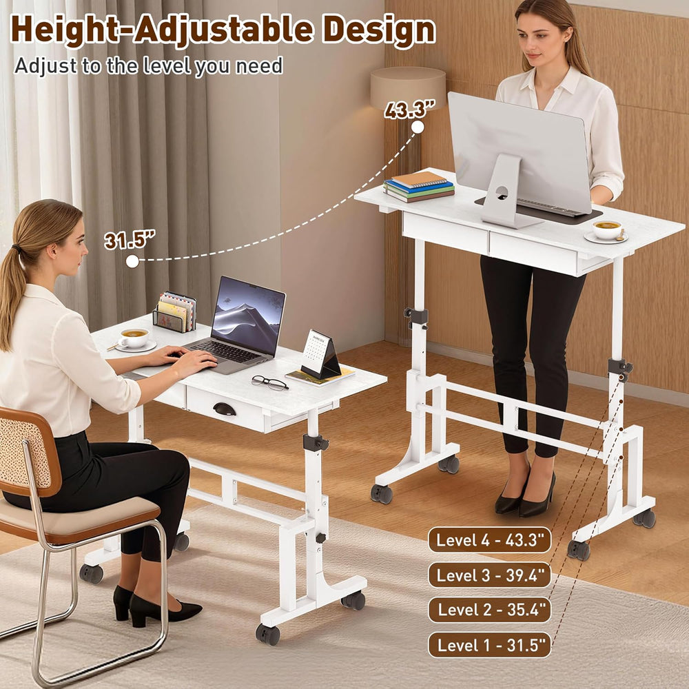 Height Adjustable Standing Desk with 2 Drawers, Small Sit Stand Up Desk with ...