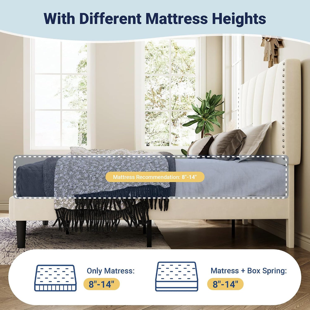 Allewie King Size Velvet Platform Bed Frame with Adjustable Headboard Cream