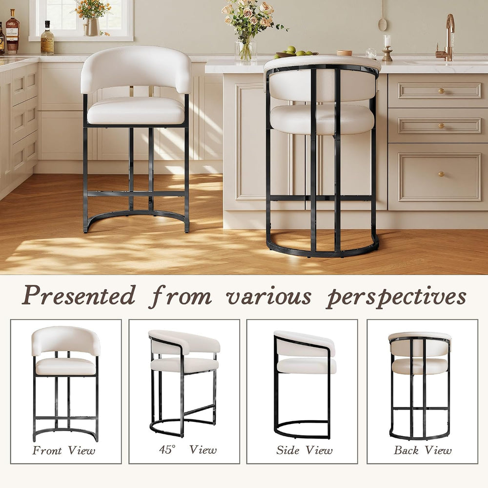 Modern Counter Height Bar Stools Set of 2,PU Leather Upholstered Barrel Barst...