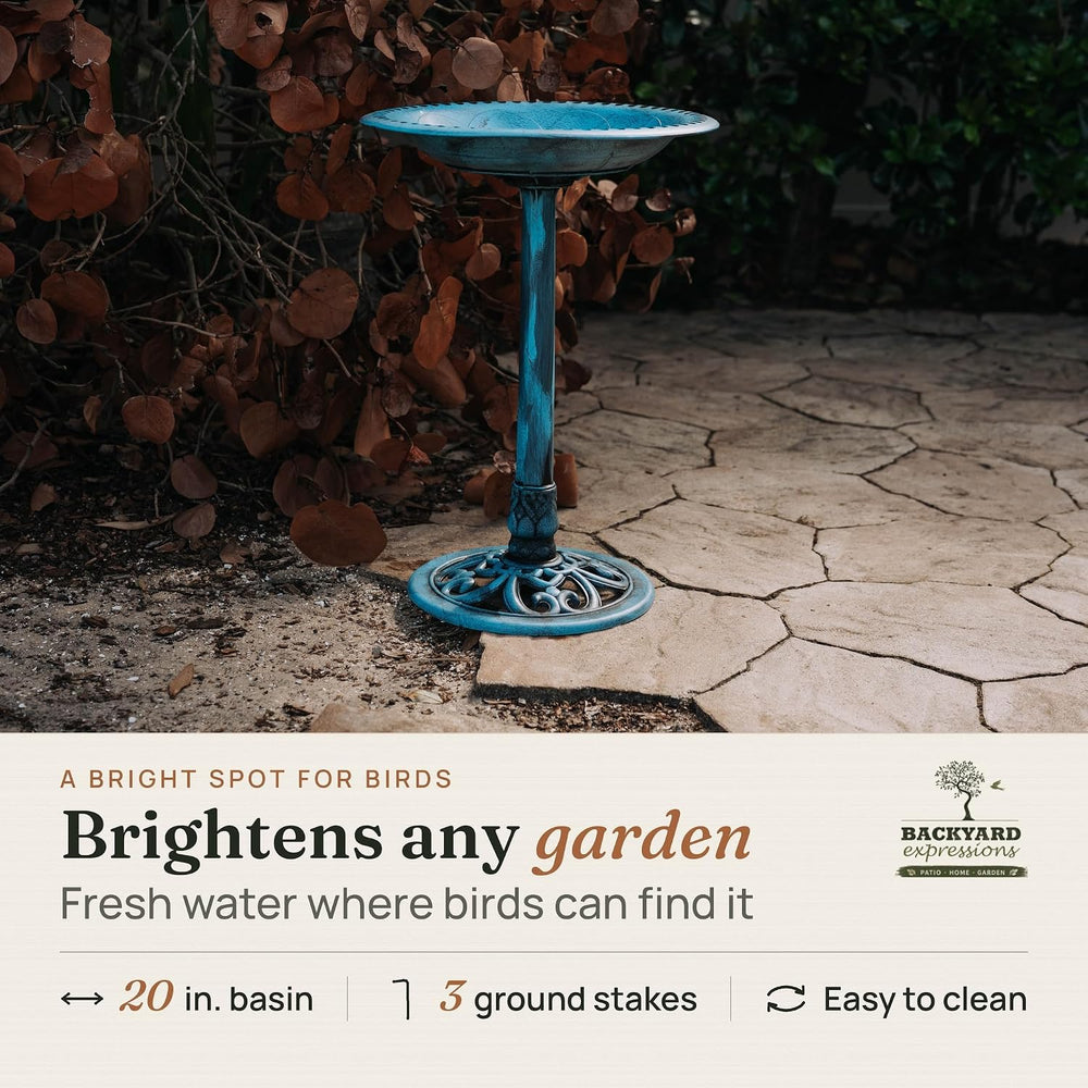 Backyard Expressions Blue Bird Bath for Outside, 28 in Pedestal Birdbath