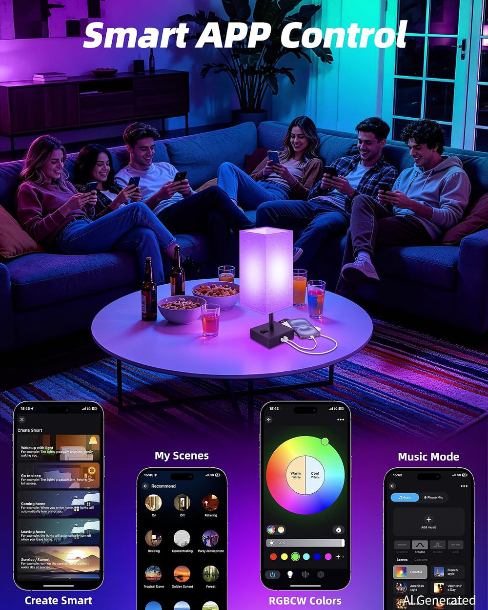 Set of 2 Smart RGB Dimmable Table Lamp Compatible with Alexa&APP&Remo...