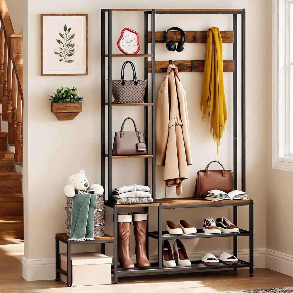 Hall Tree with Shoe Storage Bench, Coat Rack with 7 Hooks & Shelves