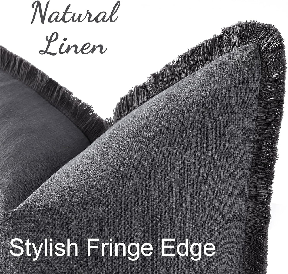 decorUhome Linen Fringe Dark Grey Throw Pillow Covers 18x18 Set of 2