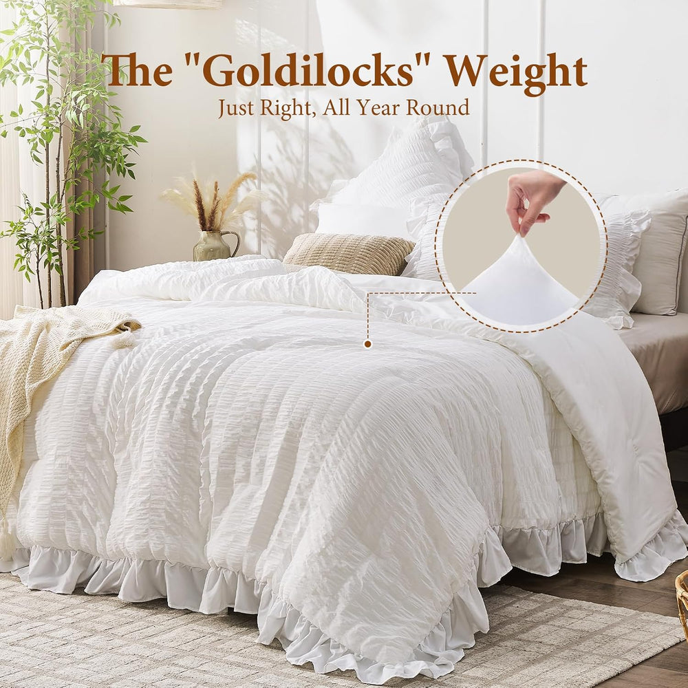 JOLLYVOGUE White Comforters Queen Size, 3 Pieces Ruffle Seersucker Queen Comf...
