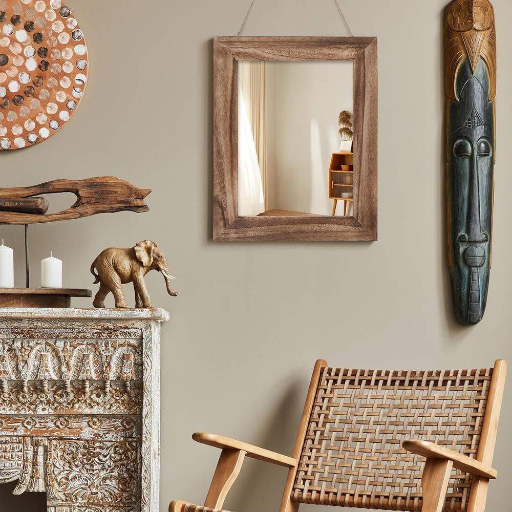 QDSSDECO 16" x 20" Farmhouse Rectangular Wall Mirror, Brown