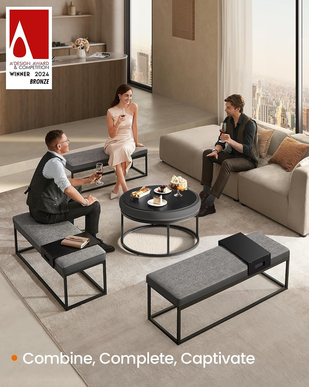 SONGMICS HOME Ottoman, Round Coffee Table, Reversible Top, Steel Frame
