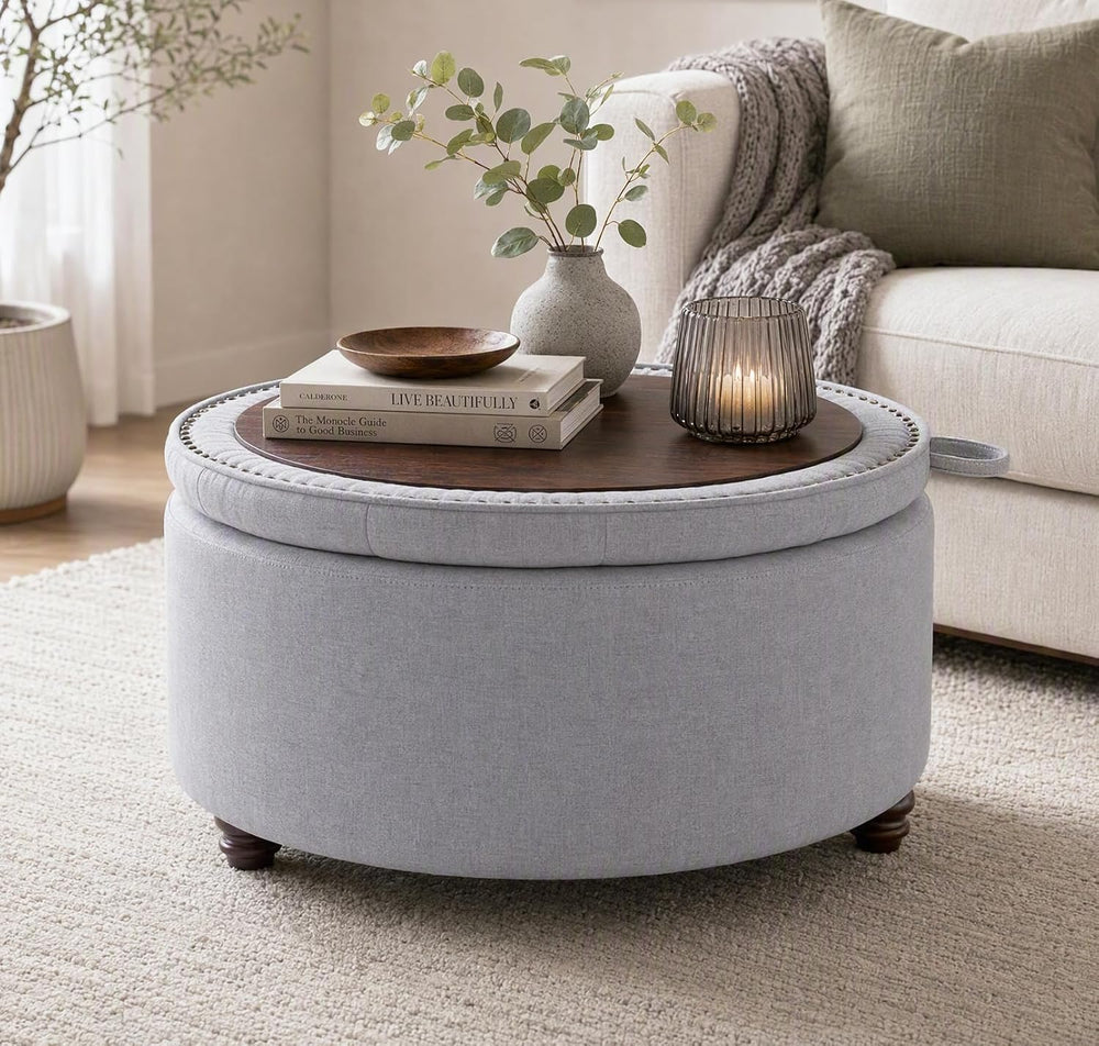 30" Round Storage Ottoman Coffee Table, Tufted Lid & Wood Top, Gray