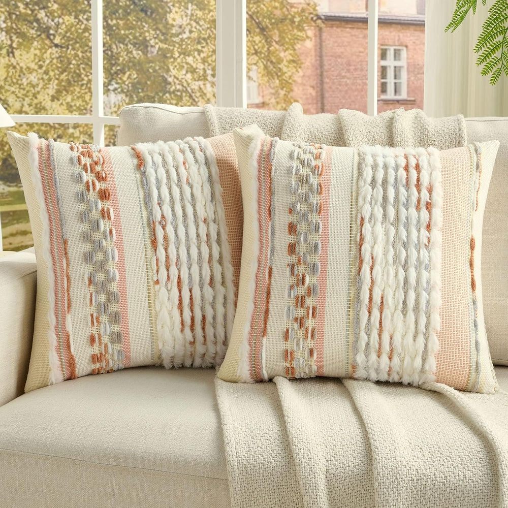 FUTEI 2 Pack Tufted Throw Pillow Covers Covers 18x18 Inch,Grey Blue+Coral