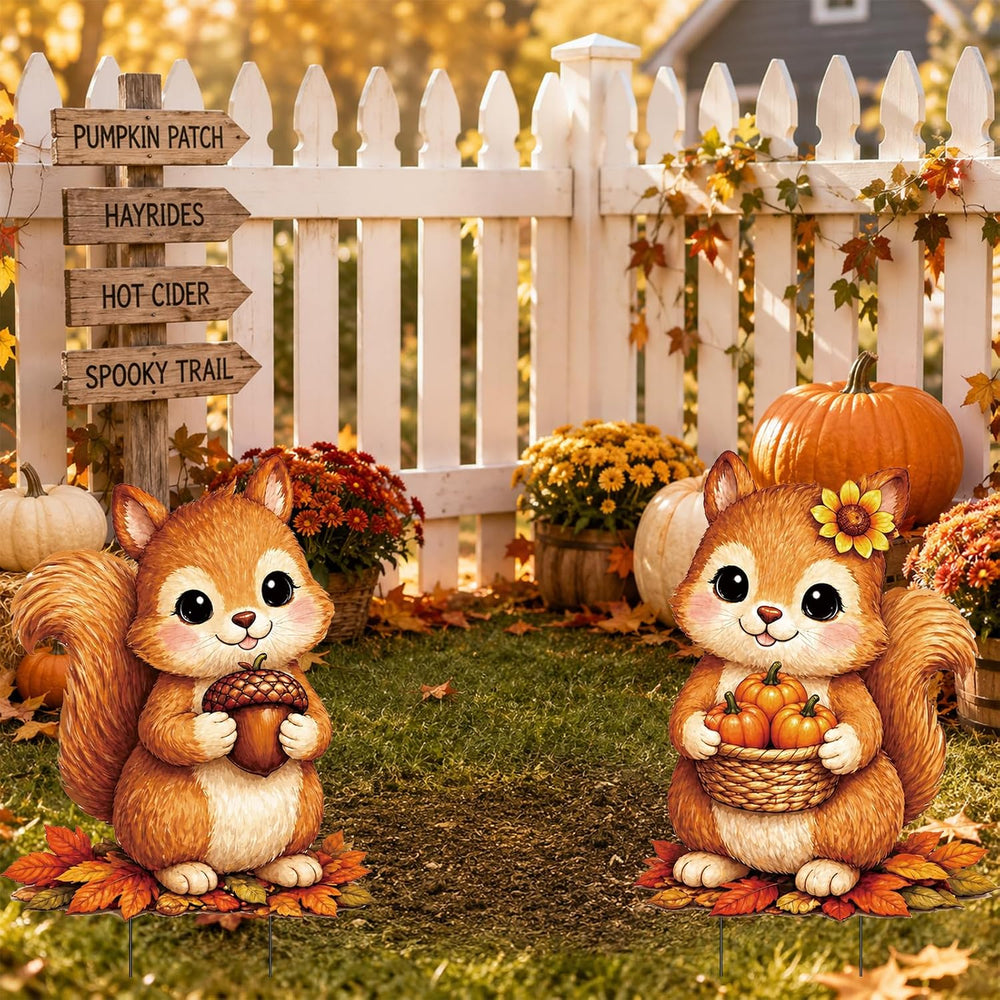 2 Pack Fall Cute Squirrel Garden Stakes Acorn Pumpkin Metal Yard Sign