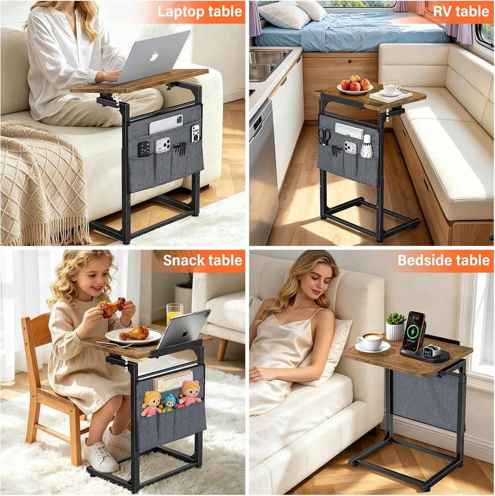 Small C Shaped End Table Set of 2, Slide Under Sofa Adjustable Height Side Ta...