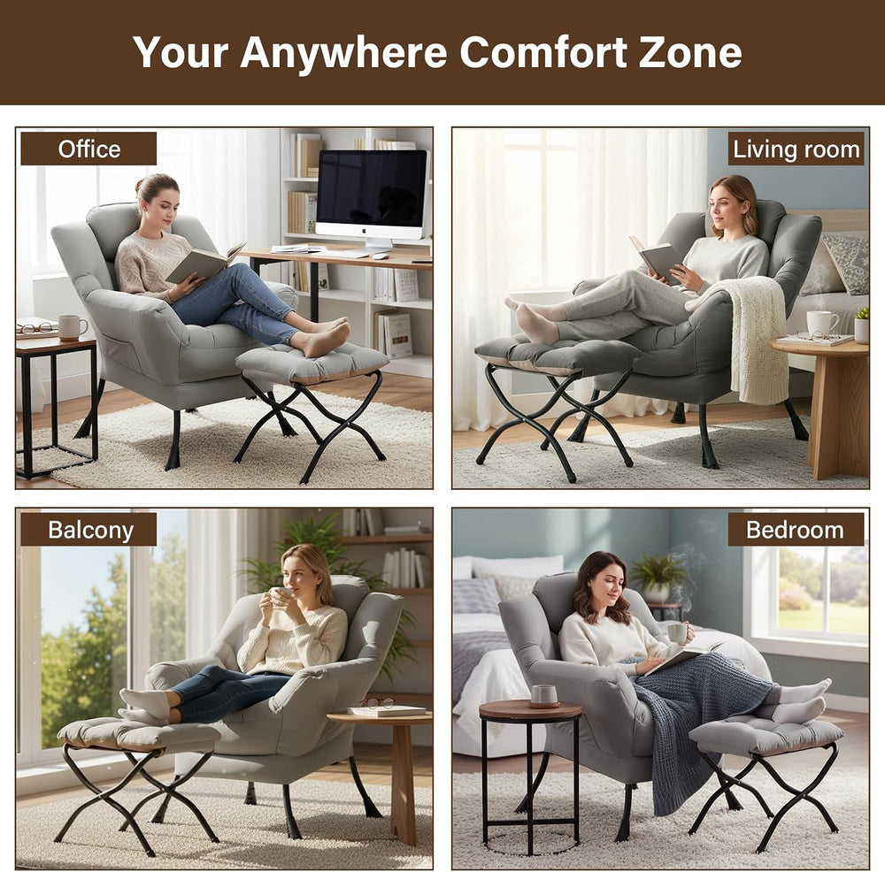 Welnow Lazy Chair with Ottoman, Reading Chair with Footrest,Soft Gray