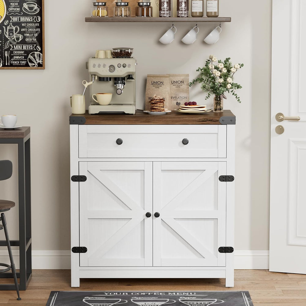 YESHOMY Farmhouse Coffee Bar Accent Cabinet Barn Doors,Rustic Brown White