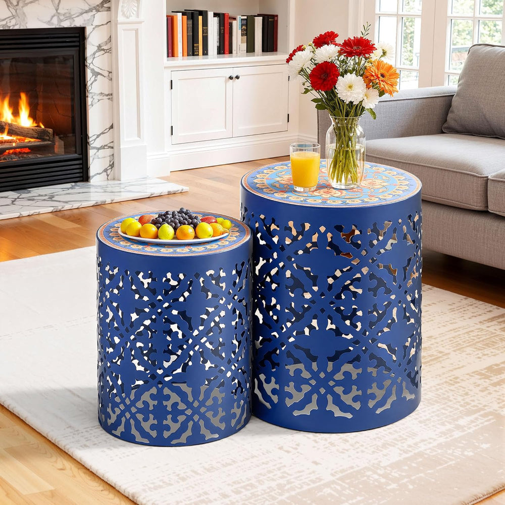 2-Pack Metal Outdoor Side Table, Modern Vintage Scroll Cut-Out Design