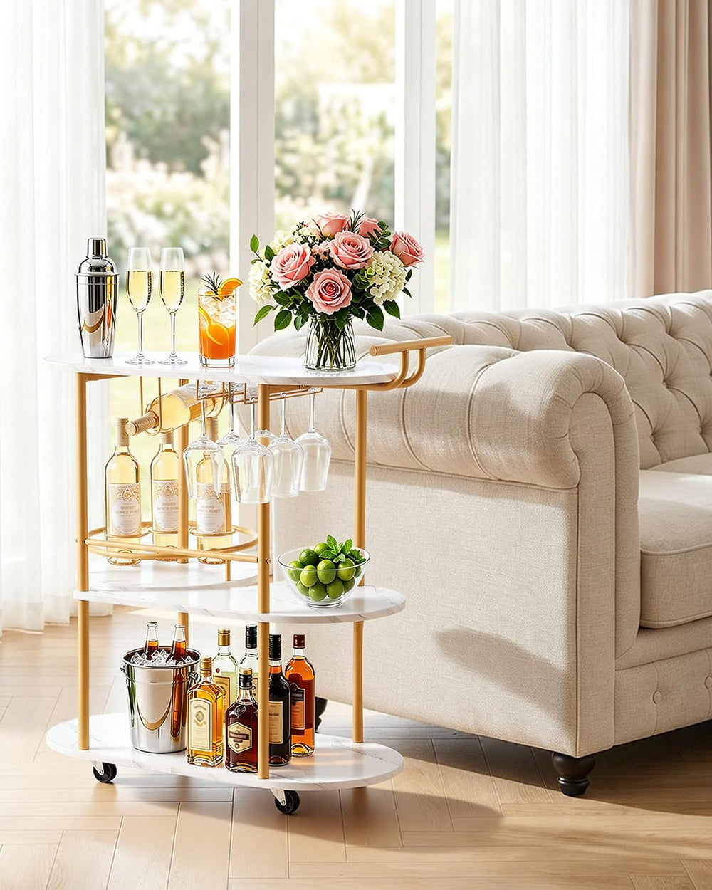 VEVOR Bar Cart, 3 Tiers Home Kitchen Serving Carts, Modern Round Rolling Util...