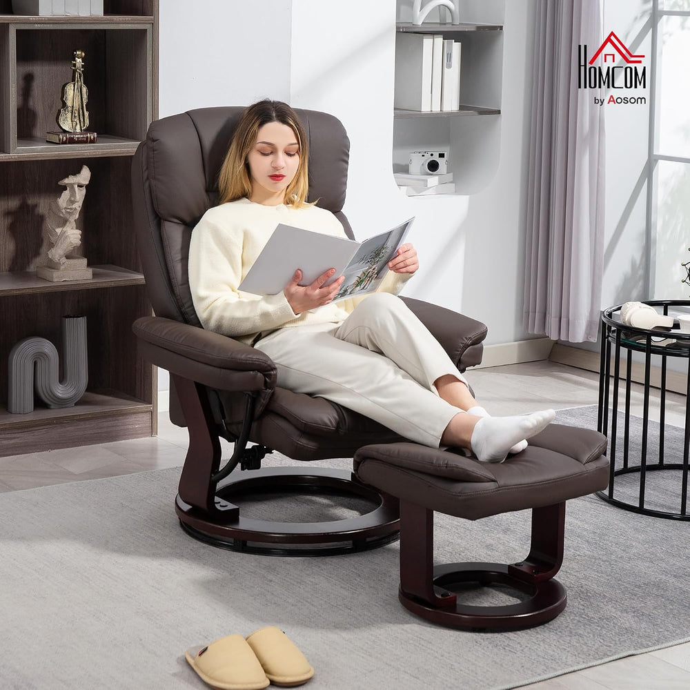 HOMCOM Recliner Chair with Ottoman, PU Leather Swivel Recliner with Comfy Foo...