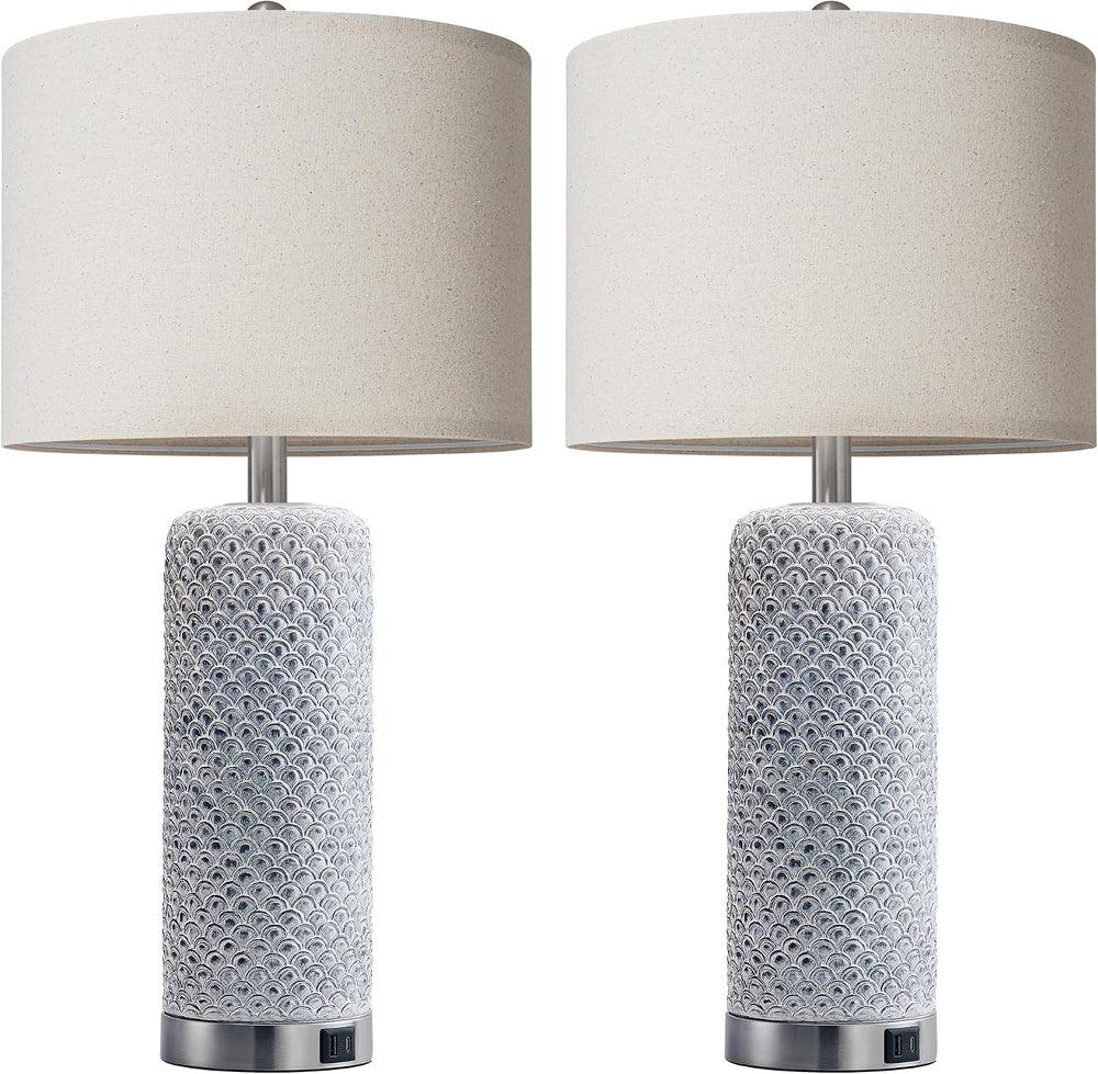 Farmhouse Table Lamps Set of 2 with USB A+C & 3-Way Touch Dimmable