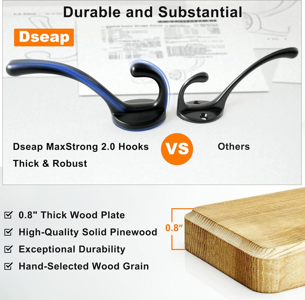 Dseap Coat Rack Wall: 24" Long, Patented, Heavy-Duty, 6-Double-Hooks Woo...