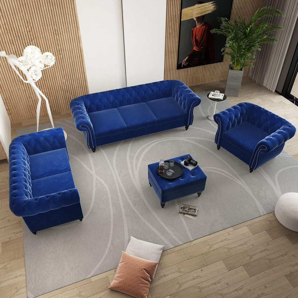 3 Piece Living Room Set, Chesterfield Velvet Sofa Loveseat Couch Chair with S...