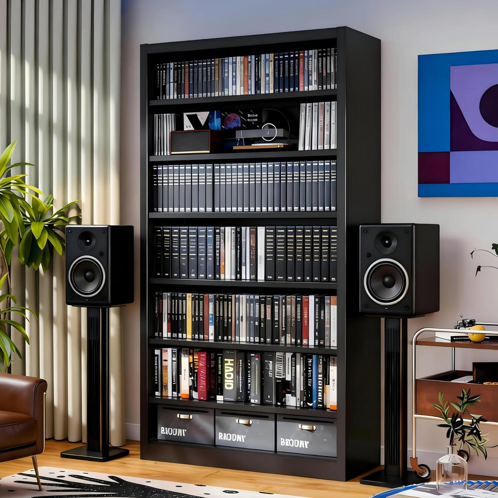 55" Media Storage Cabinet,Metal CD Shelf with 6 Adjustable Shelves