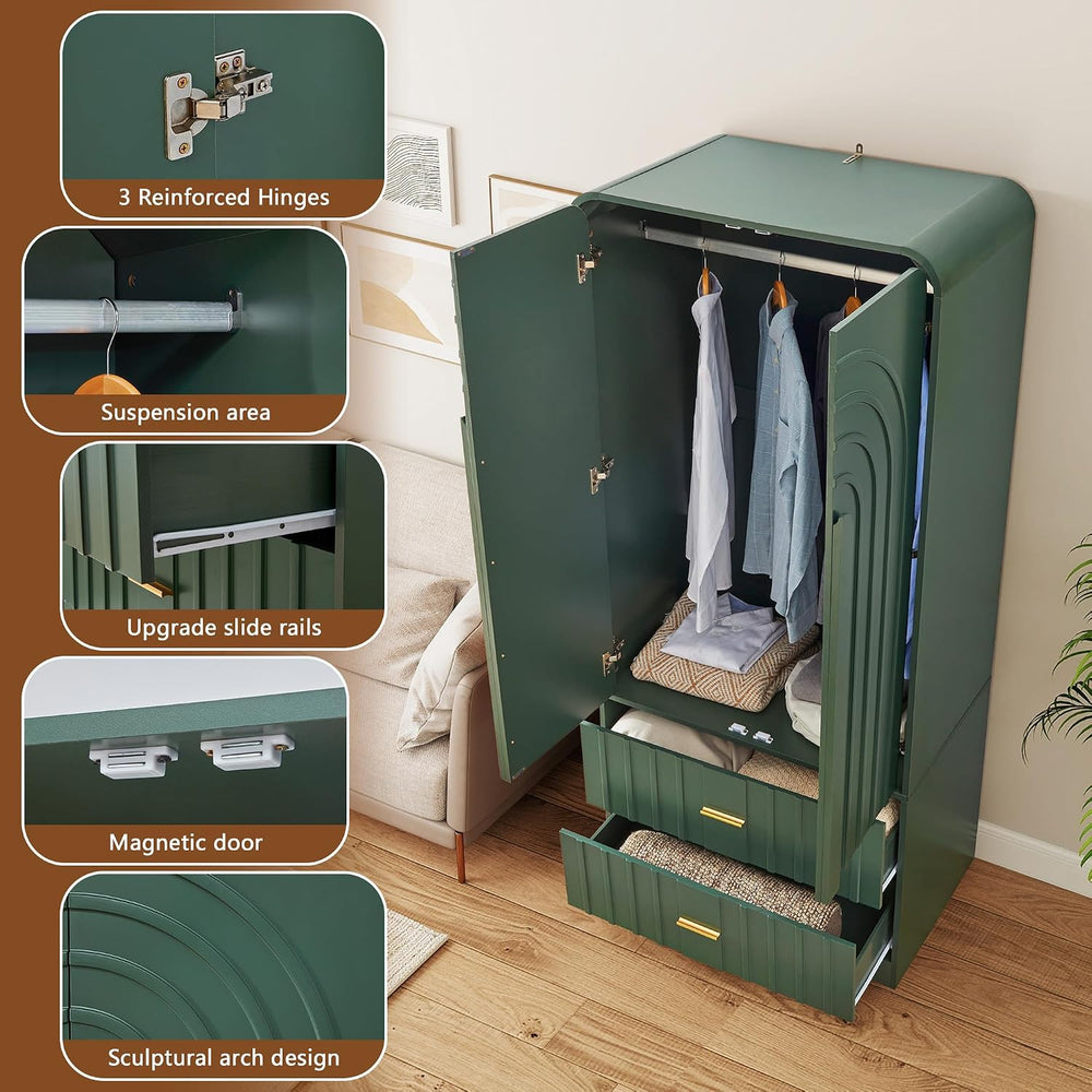ORRD Freestanding Armoire Wardrobe Closet with Arched Fluted 2 Doors and 2 St...