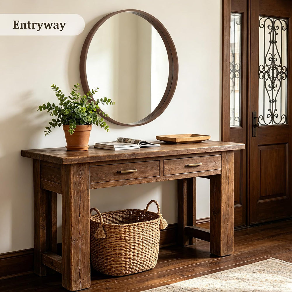 WallBeyond 36 Inch Round Wood Mirror, Large Circle Wooden Frame Wall Mirror f...