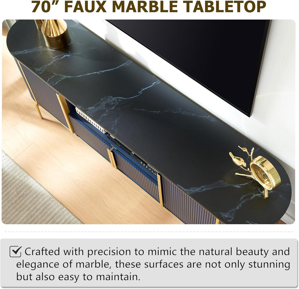 OKD 70" Fluted TV Stand with Storage, Faux Marble Top Entertainment Cent...