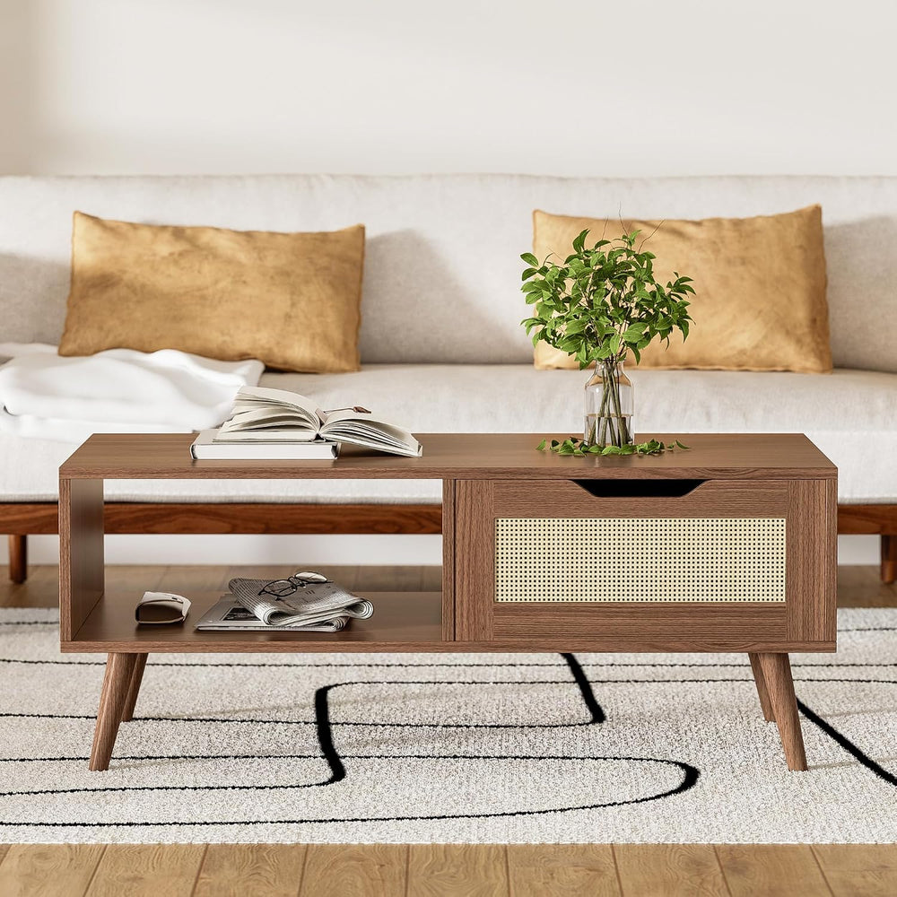 DIYART Brown Rattan Coffee Table, Mid Century Modern with Drawer & Shelf,...