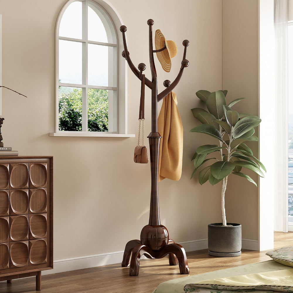 Wood Freestanding Coat Rack 8 Hooks Coat Tree Standing,Dark Walnut